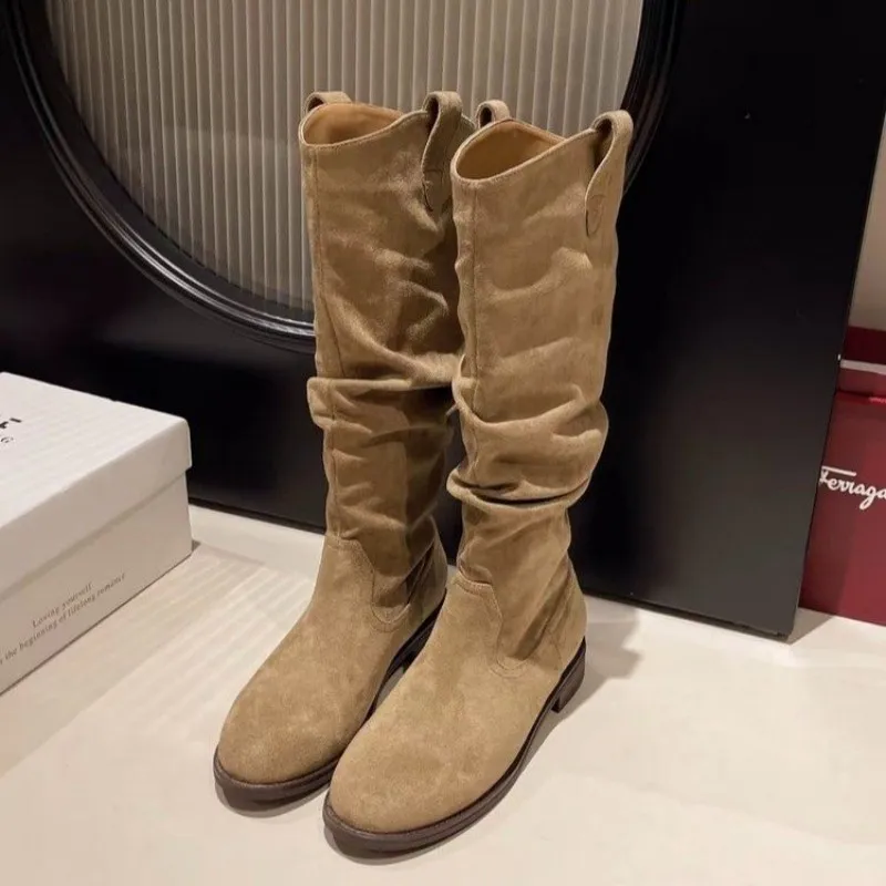 Fall new style women's retro western cowboy boots, women's stretch-fitting ankle boots with round toe and low heel, casual boots