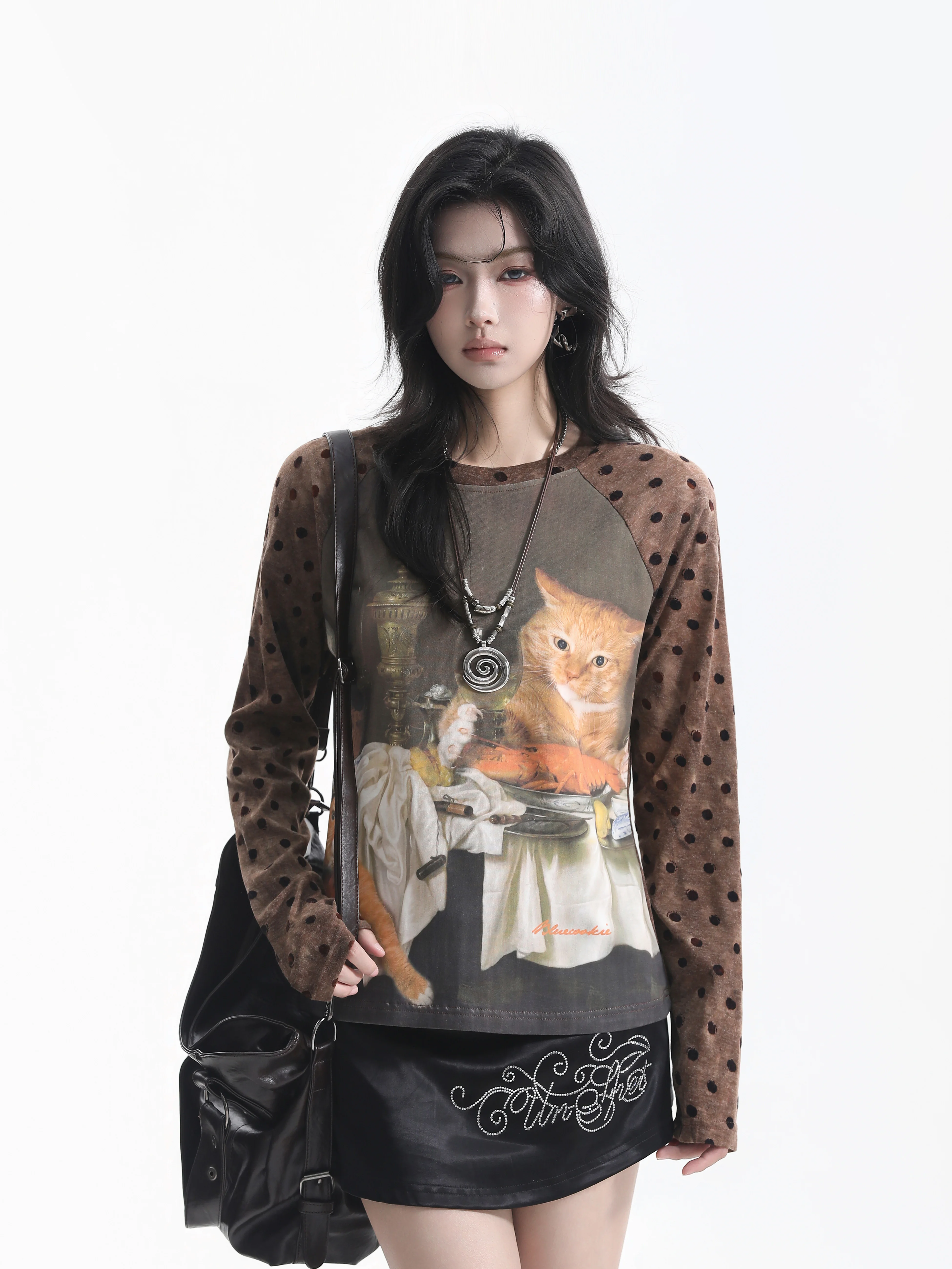 American Style Retro  Oil Painting Long Sleeve Women's Polka Dot Short T-shirt Cover up Slimming Small Design Sense