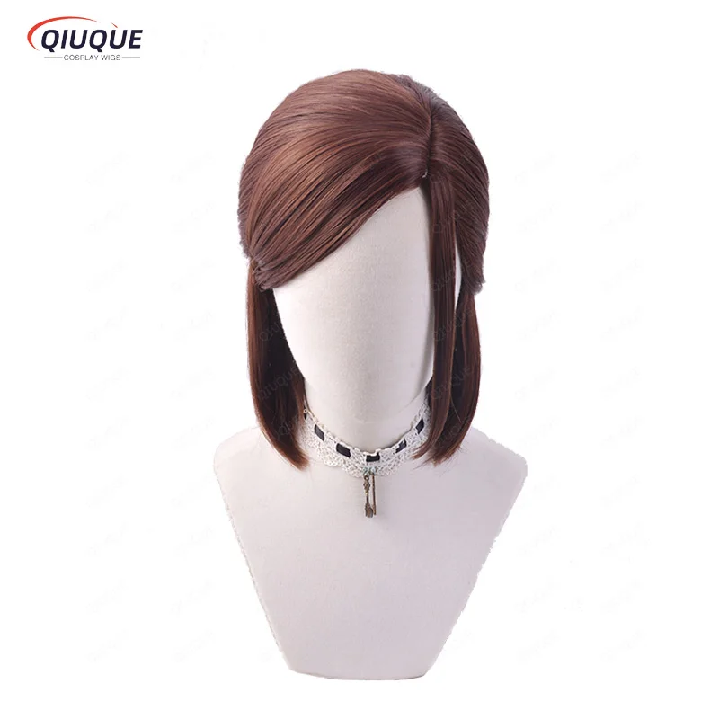 Game The Last of Us Ellie Cosplay Wig Brown Short Side Parting Styled Cosplay Wigs Heat Resistant Synthetic Hair + Free Wig Cap