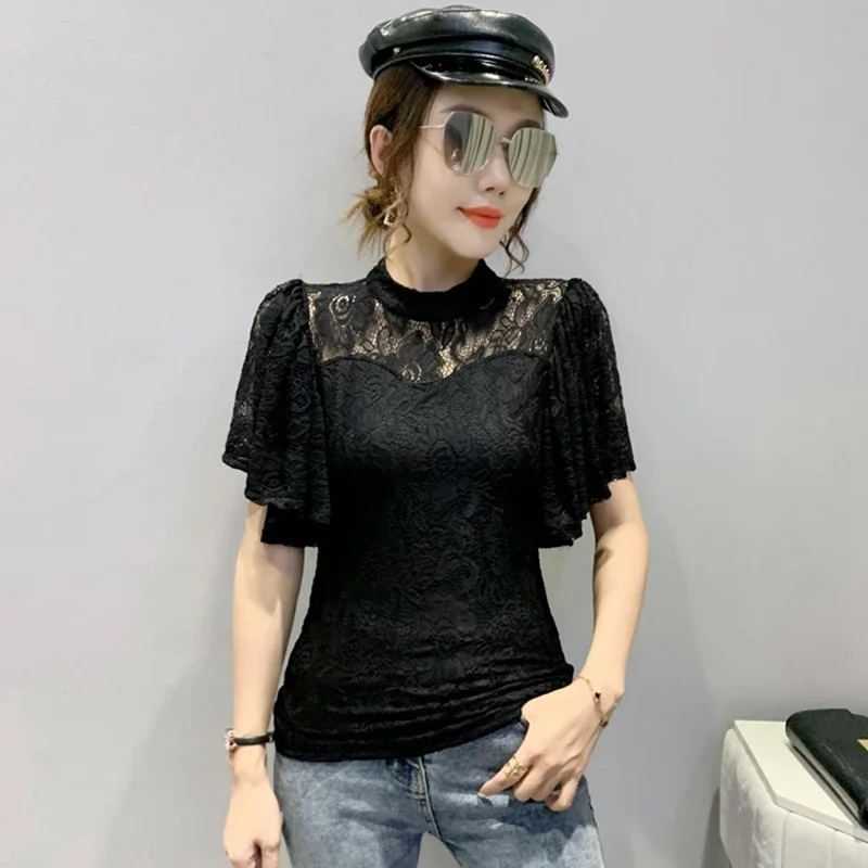 Summer Lace Tops Women 2024 Elegant Fashion Hollow Out Casual Blusas Mujer Korean Style Clothes Flare Sleeve White Black Blouses