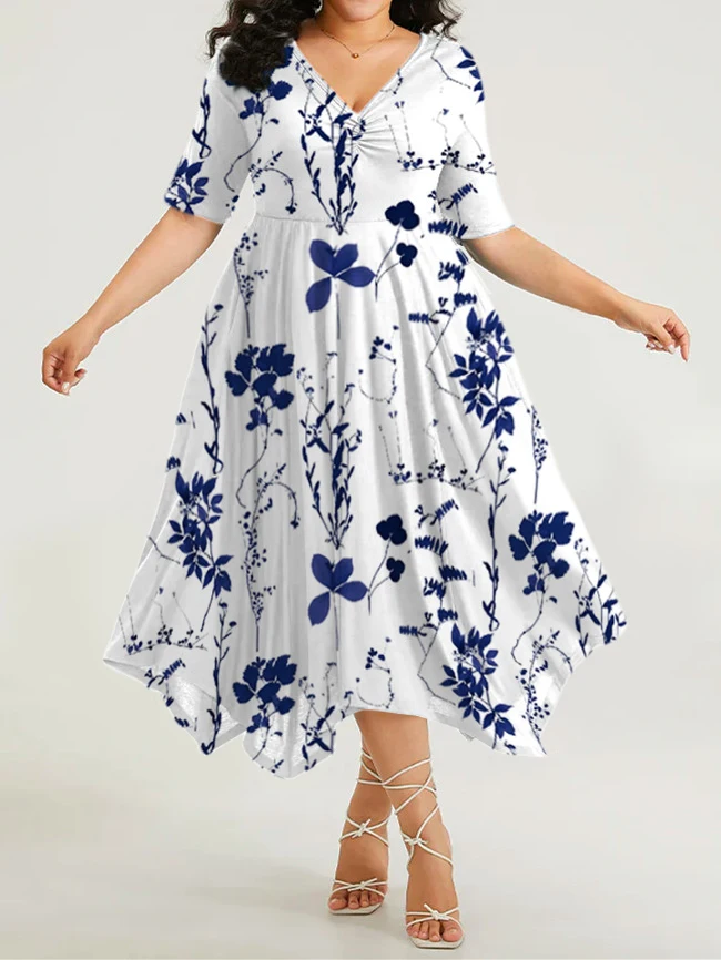 Plus Size Short Sleeve Dress V Neck Pleated Blue and White Porcelain Print Irregular Long Skirt Pullover Fashion Women's Clothin