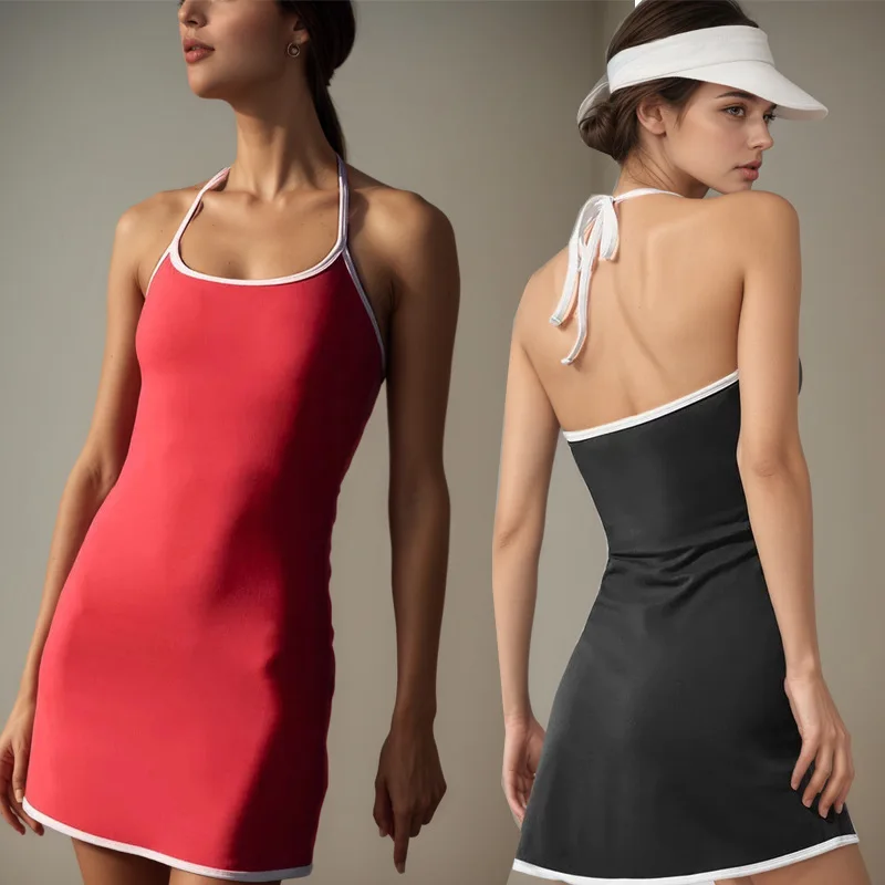 Women's New Style Color-Block Halter Neck High-Elastic Quick-Dry Anti-See-Through Sports Fitness Tennis Badminton Dress