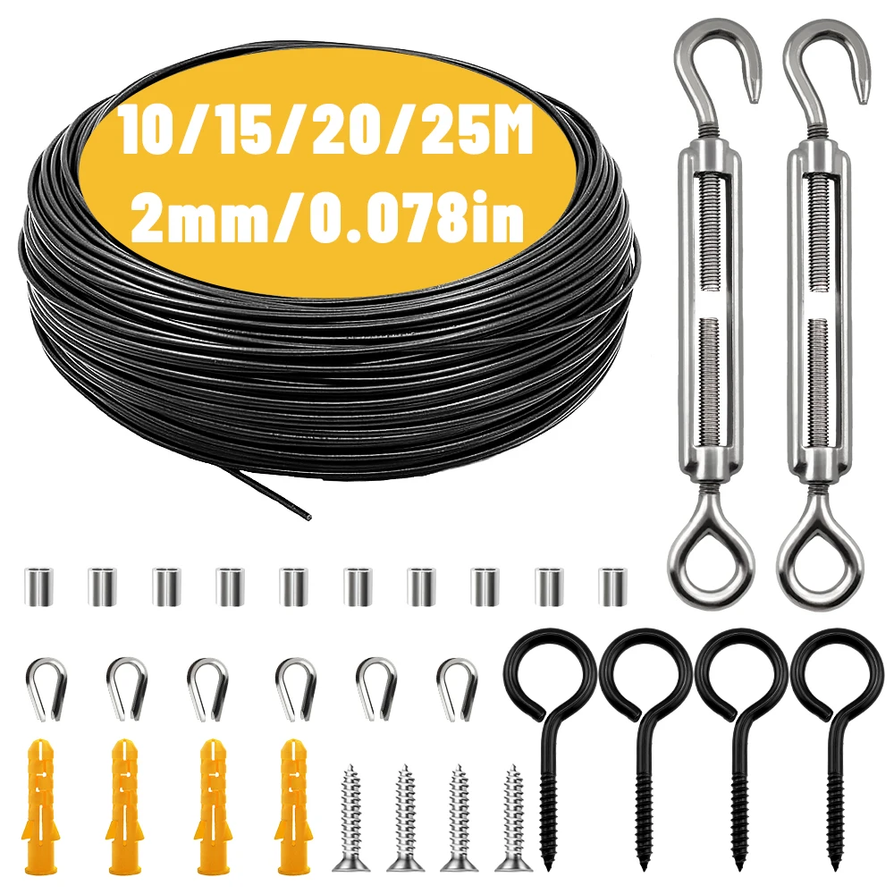 10-25M Steel Wire Rope Stainless Steel Heavy-Duty Steel Wire Rope Garden Railing Steel Wire Fence Outdoor Tent Clothesline Kit