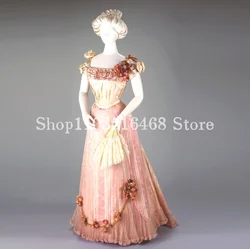 18th Century Victorian Prom Dress Pale Pink 3D Floral Applique Corseted Skinny A-Line Long Medieval Walking Women's Dresses