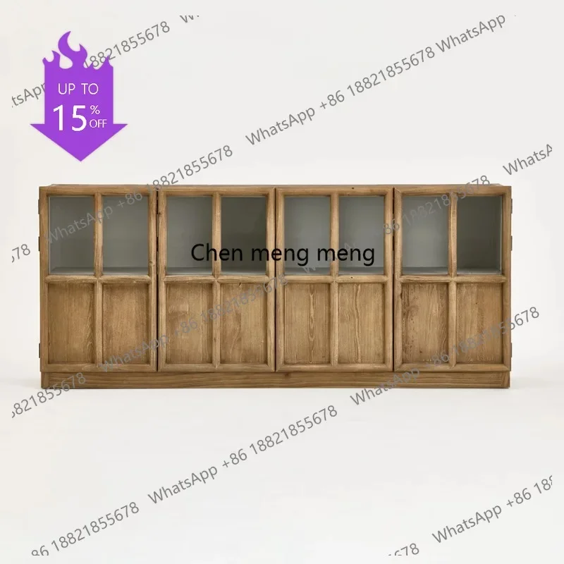

01A French Country-style Solid Wood Cabinet in a Retro Minimalist Style with Glass Doors, Living Room Recycled Solid Wood Furnit