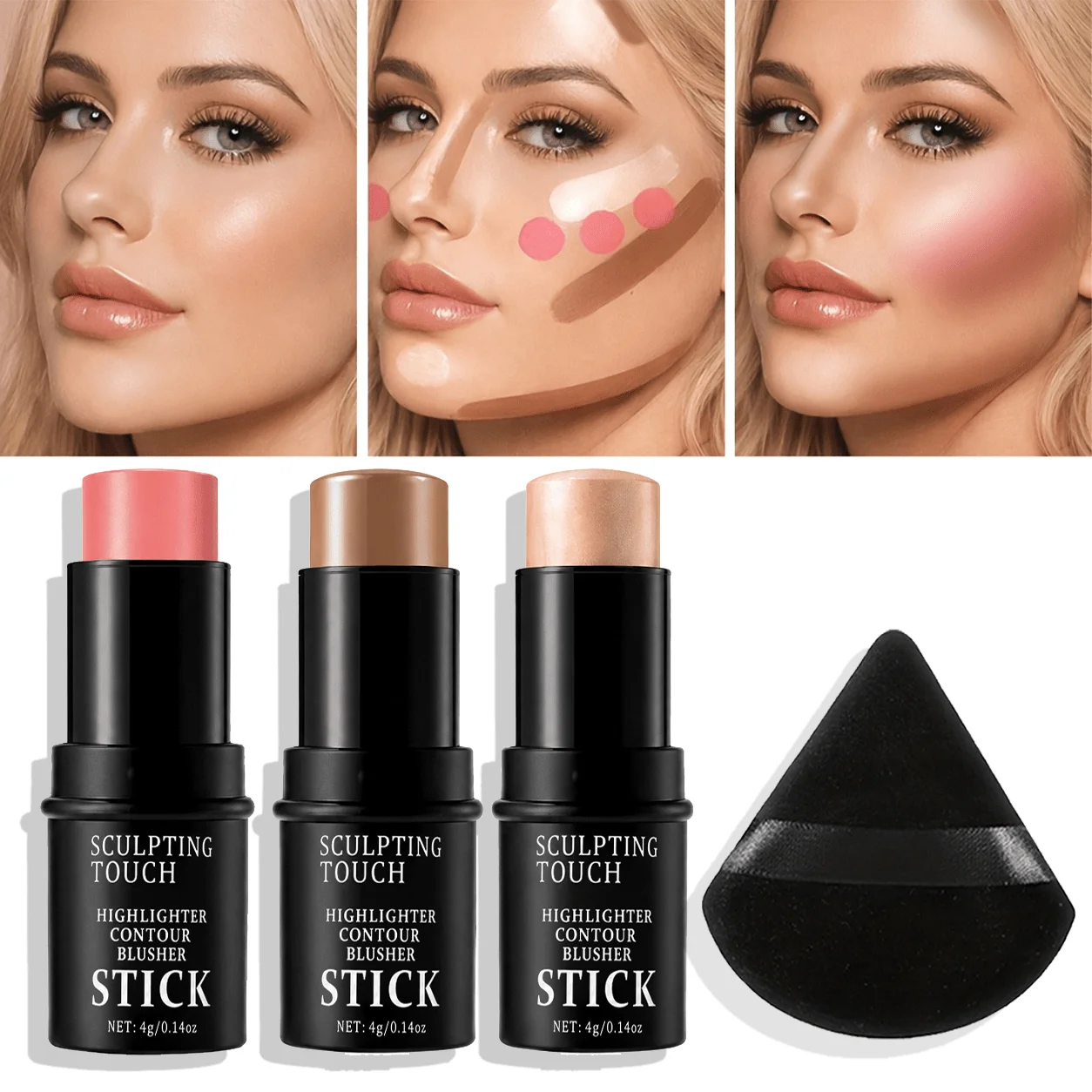 4Pcs/Set Face Sculpting Makeup Set,Cream Blush&Contour&Highlighter Stick And Soft Beauty Sponge,Multi-Use Cheek Makeup Kit.