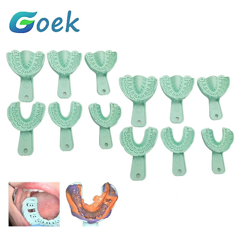 6 Pairs Dental Implant Tray Green Full Mouth Removable Partial Mold Tray Easy To Fold Baffle Plastic Dentist Tool Material S/M/L