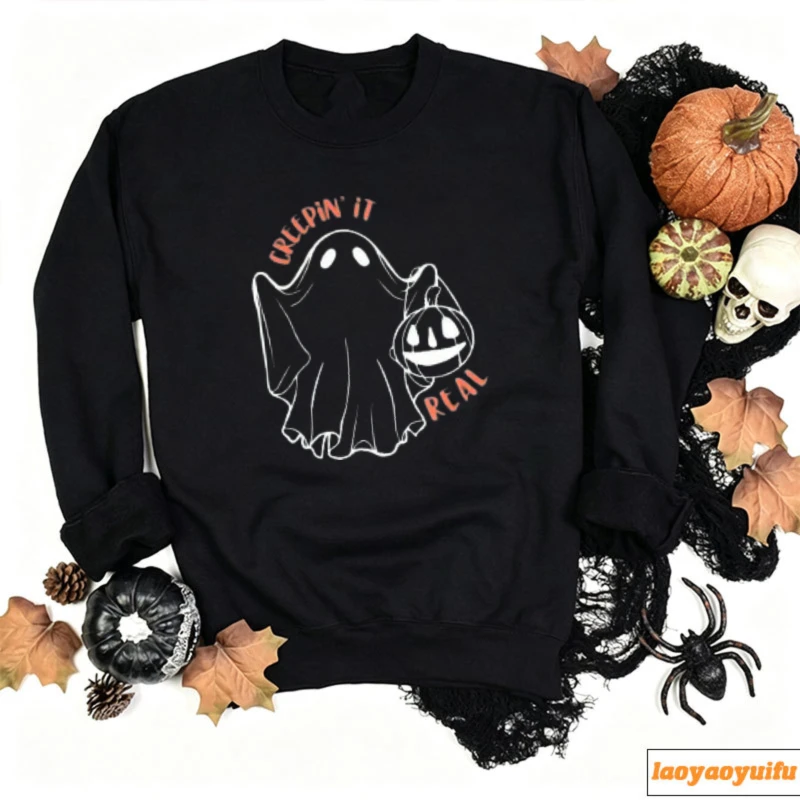 Creepin It Real Ghost Holding Pumpkin Bucket Halloween Sweatshirt Vintage Outline Spooky Cartoon Pullover Casual Streetwear Tops
