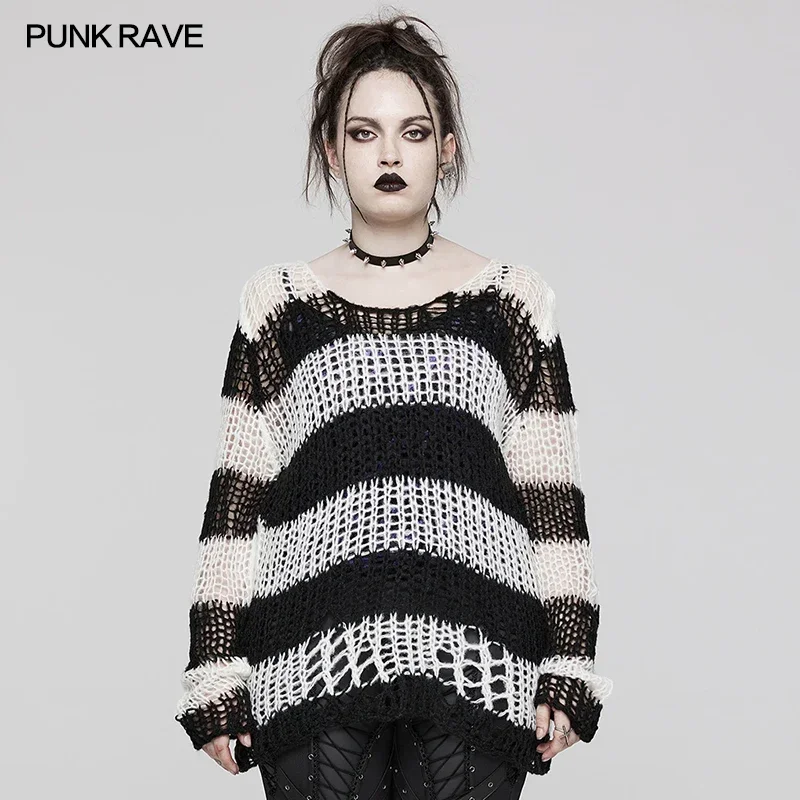 PUNK RAVE Maglione pullover con o-collo in mohair decadito da donna Punk Top larghi in rete a righe versatili quotidiane