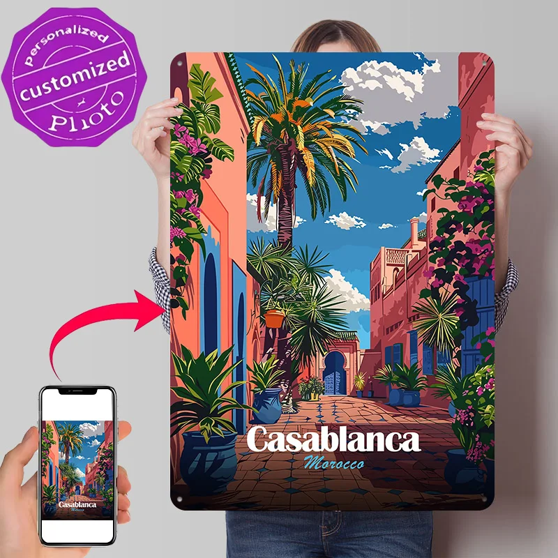 Casablanca Bedroom Decoration Room Morocco Travel 3D Printed Texture Poster Personalized Wall Art Retro Metal Tin Signs for Home