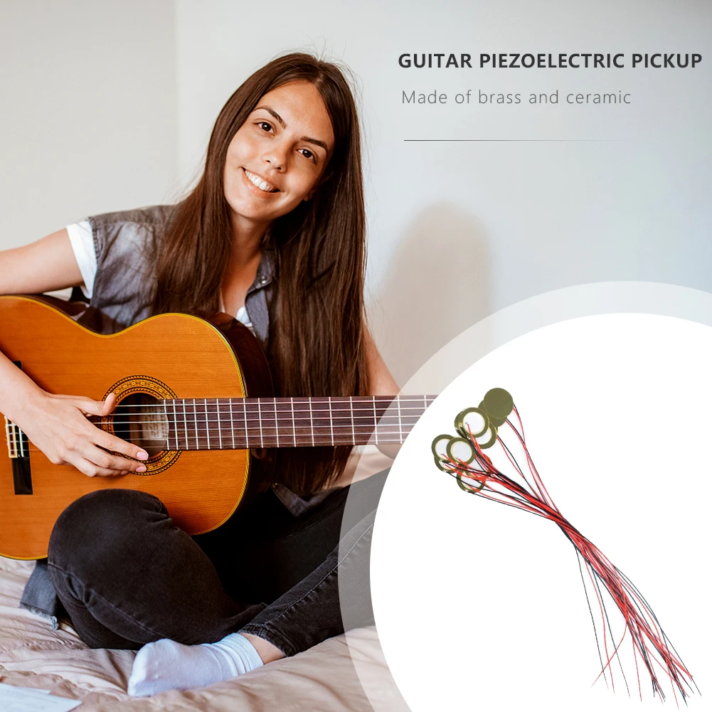 

15 шт. пьезоэлектрических звукоснимателей 27 мм с контактами и кабелями 13 дюймов, низкое энергопотребление, простота использования для акустической гитары и ударных инструментов