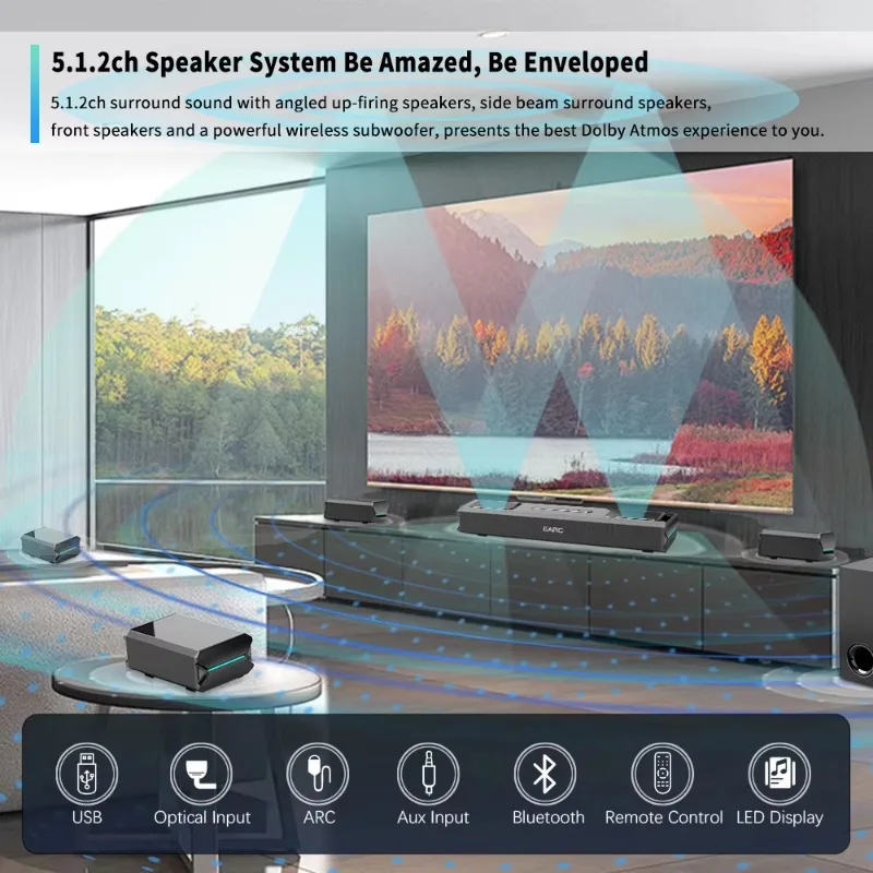 5.1.2 Channel Wireless Surround Sound Bar Home Theater Audio System With Subwoofer USB Playback Speaker Device
