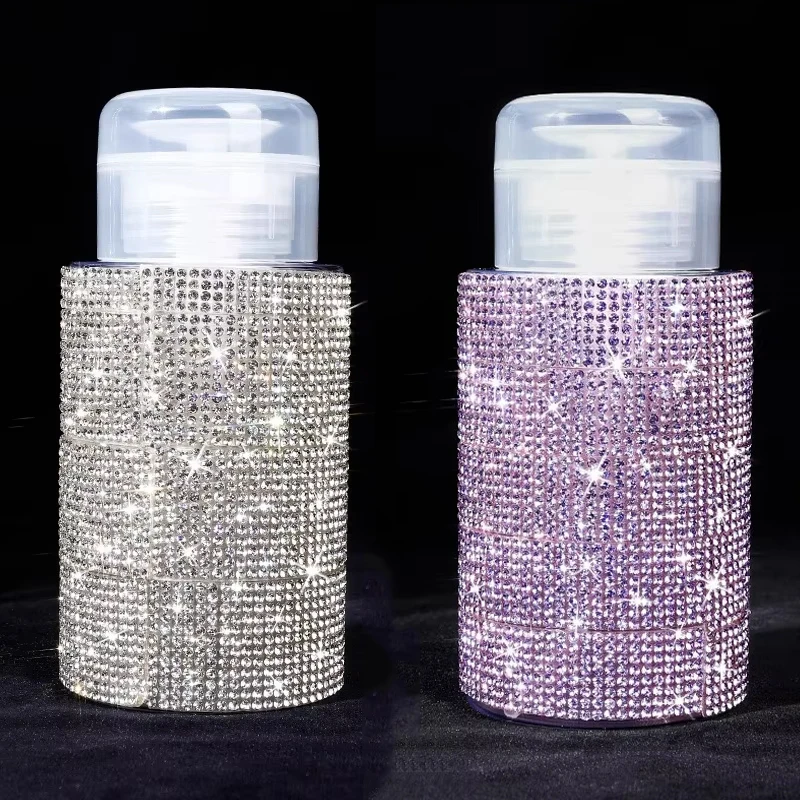 200ml Pump Dispenser Bottle Diamond Liquid Alcohol Press Bottle for Nail Polish Remover Refillable Manicure Container Wholesale