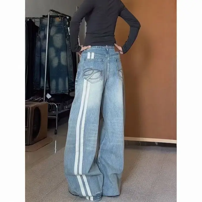 

American Retro Blue Wide Leg Jeans Women's Spring Trend High Waist Loose Slim Straight Floor-Length Pants Casual Cotton Polye...