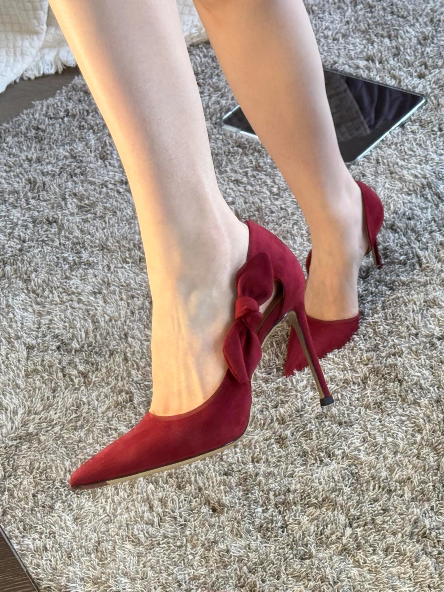 

Women's Red Velvet Bow High Heel Shoes New French Style Fine Heel Pointed Toe Flat Dress Shoes