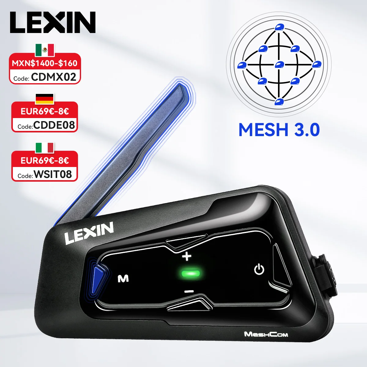 LEXIN-MeshCom Motorcycle MESH&Bluetooth Headset Intercom ,With Mesh Communication System, Parallel Audio- Intercom,24 Riders