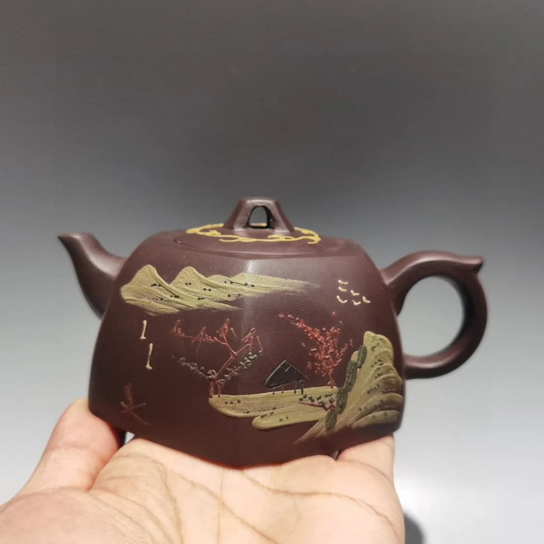 6' Chinese Yixing Purple Clay Teapot Landscape Pattern Flying Handle Shaped Pot Teapot Kettle Tea Maker Amass Wealth Ornaments