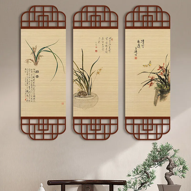 Bamboo Mat Wall Decor Elegant Orchid and Butterfly Art for Boutique Hotel Lounge and Restaurant Private Room
