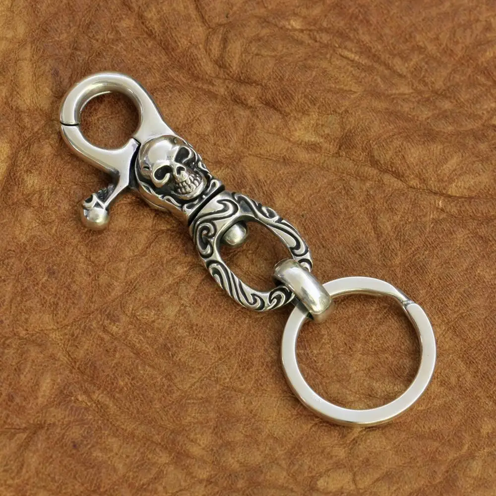 High Detail 925 Sterling Silver Skull KeyRing Mens Biker Keychain Punk DIY Accessory TA249