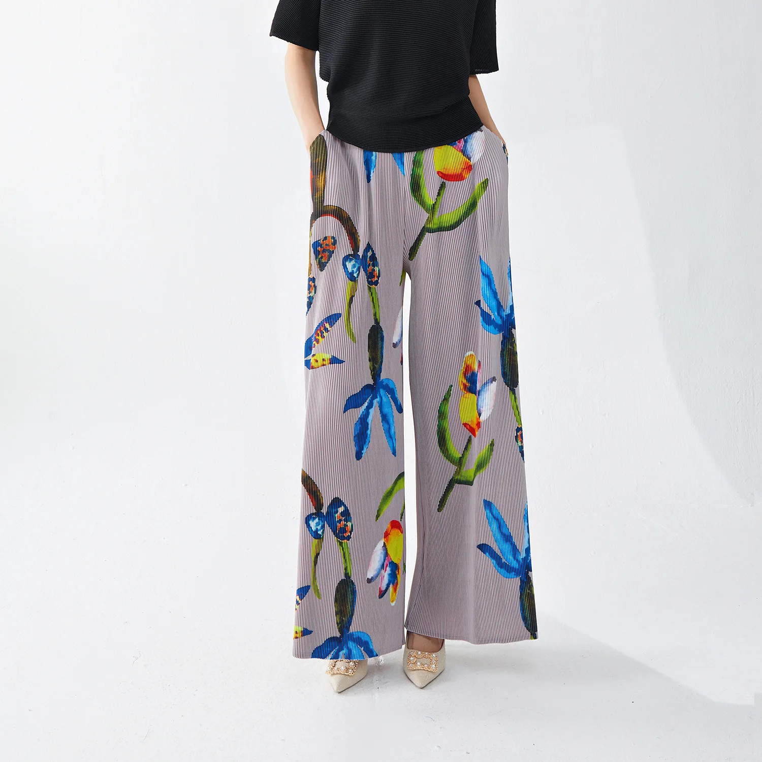 Miyake PLEATS Pants for Women, Thick Printed Loose Trousers, Large Size Drape Versatile Casual Wide Leg Pants, Autumn and Winter