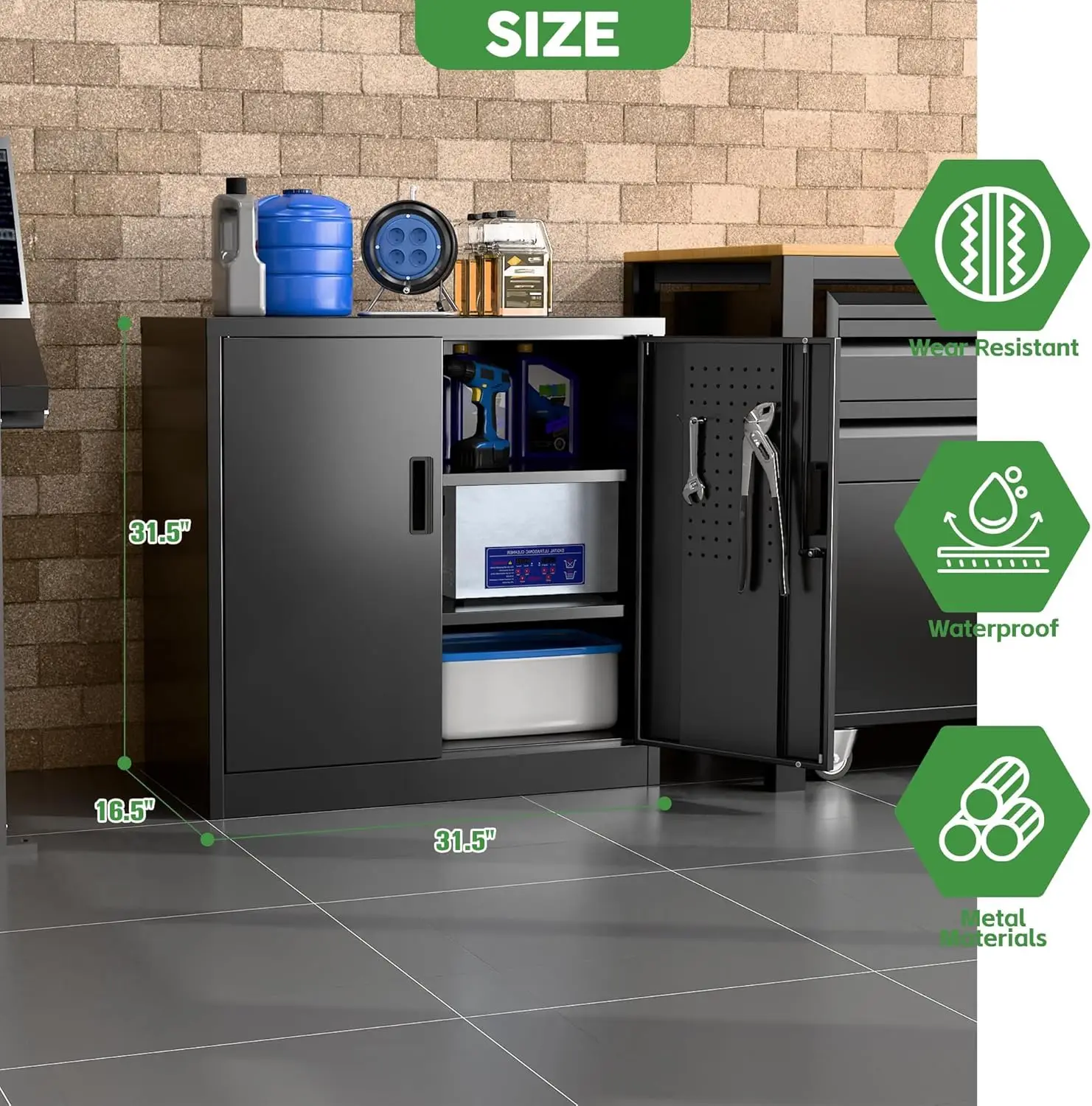 خزانة تخزين جراج صغيرة 31.5 ساعة مع لوح بيجبورد، خزانة تخزين ملفات قابلة للقفل مع رفين قابلين للتعديل للمرآب