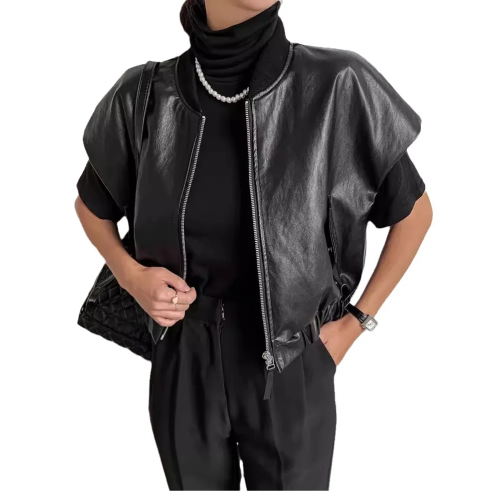 Black Sleeveless PU Jacket for Women Spring Autumn New Spicy Girl Street Style Vintage Versatile Loose Stand Up Vest Coat