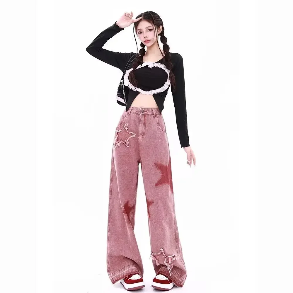 Y2k Street Cargo Pants Women Loose Five-point Star Patchwork Female Jeans 2023 Autumn Winter Retro Lady Denim Wide Leg Trousers