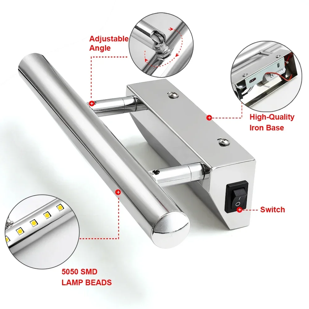 Lampu cermin perak LED, lampu cermin rias baja tahan karat 3W/5W/7W perlengkapan pencahayaan dinding Led dengan saklar