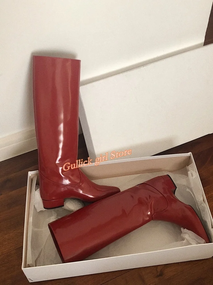 Burgundy Patent Leather Knee High Boots Flat With Slip On Fashion 2024 Autumn Winter Women Dress Shoes Solid Hot Sale