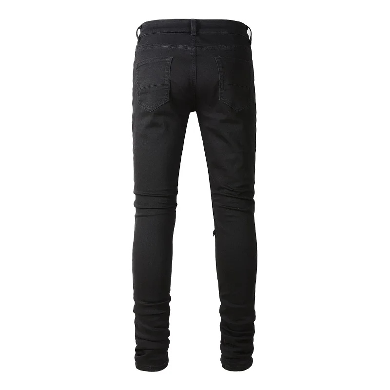 Herren Leder-Patch Biker-Jeans für Motorrad-Streetwear, Löcher, Ripped Patchwork Stretch-Denim-Hose, Schwarze Skinny Tapered Hose – Detail 5