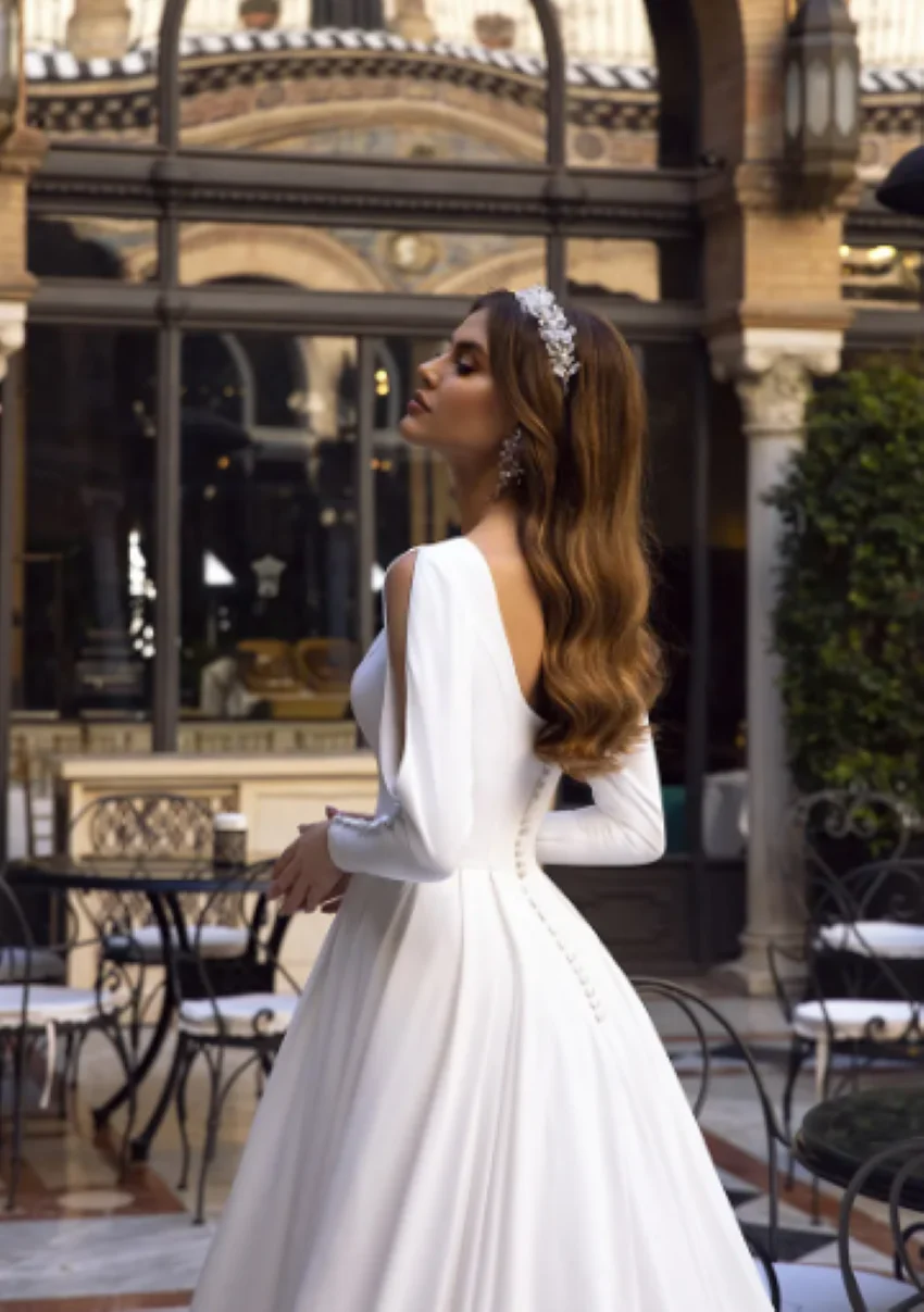 فستان عروس أنيق فيستدو دي نويفا فساتين زفاف إسلامية من الساتان فساتين زفاف الأميرة كم طويل قفطان بدون ظهر