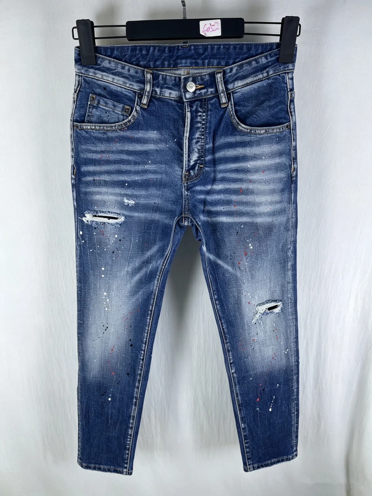 6052 Four Seasons New Men's Jeans Fashion Trend Slim Fit Ripped Patch Heavy Work Old Blue Jeans