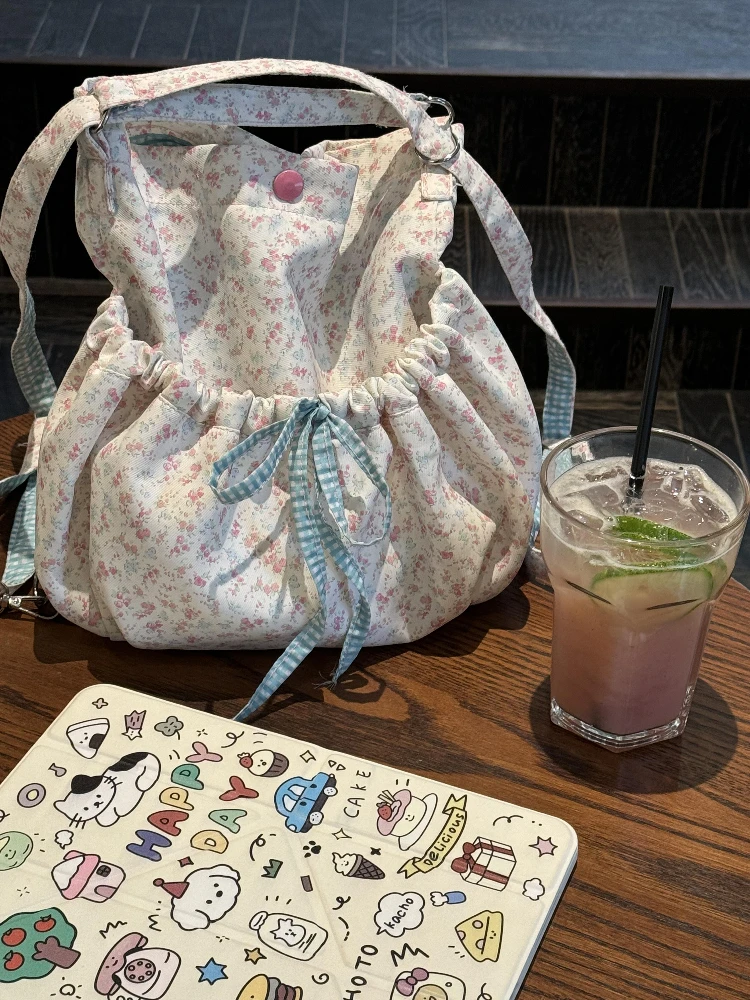 ZAZL Koreaanse Sle Canvas Buet Bag met grote capaciteit Bloemenprint Dubbele oulder Tote Bag met enkele schouder en knoop