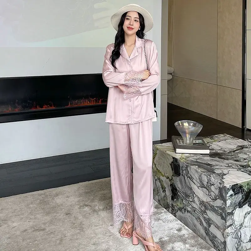 Women Sleepwear Spring New Female Ice Silk French Lapel Lace Lace Long-Sleeved Pajamas Suit Solid Color Drill Buckle Homewear