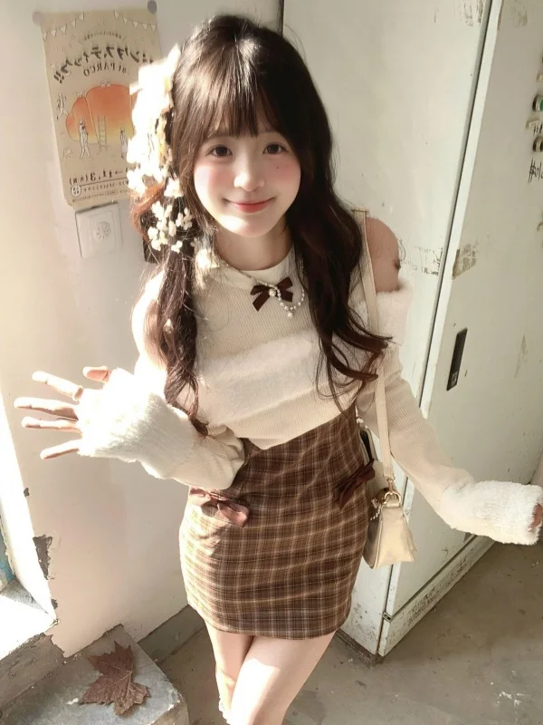 เสื้อไหมพรมทรงเข้ารูปแบบสลิมฟิต แขนยาว โชว์ไหล่ แต่งลายสก็อต สำหรับผู้หญิง ฤดูใบไม้ร่วง ฤดูหนาว สไตล์นักศึกษา ทรงบอดี้คอน