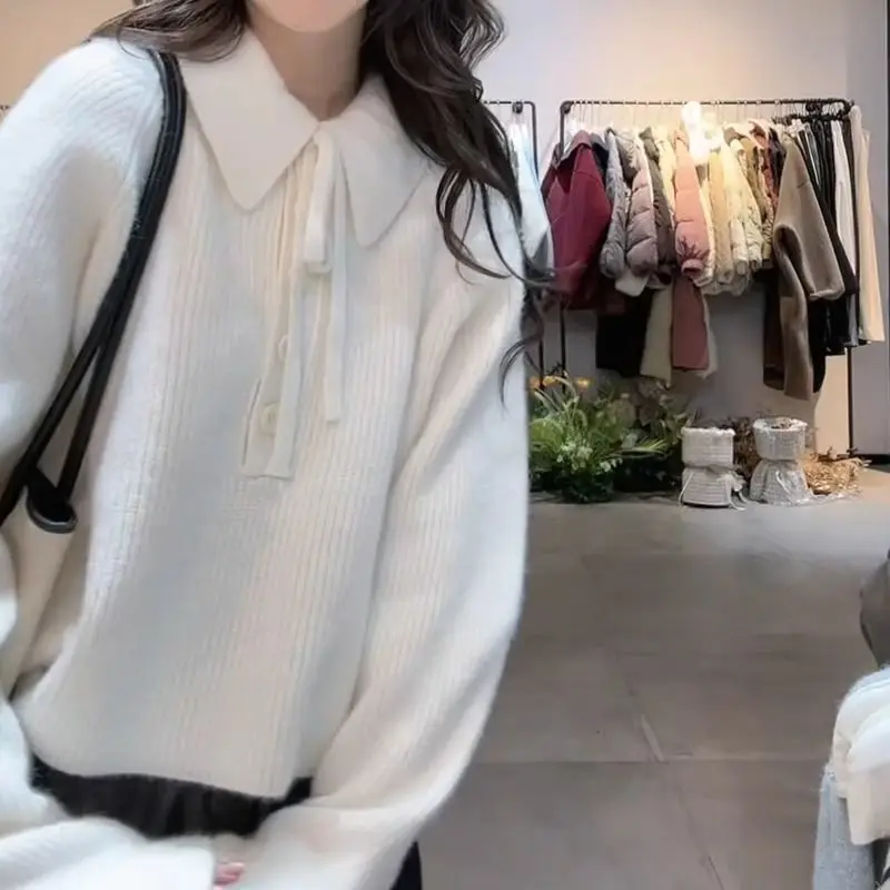 Polo Necklace Sweater Women Winter Loose Loose Knitted Top