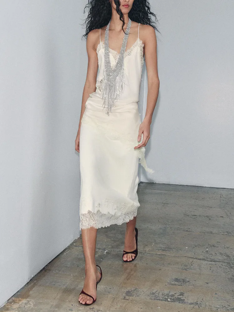 

Ele Sweet Midi Lace Knitted Skirt Women's Faion New Arrival Winter 2025 Beaded Chiffon Gown Svel Midi Dr