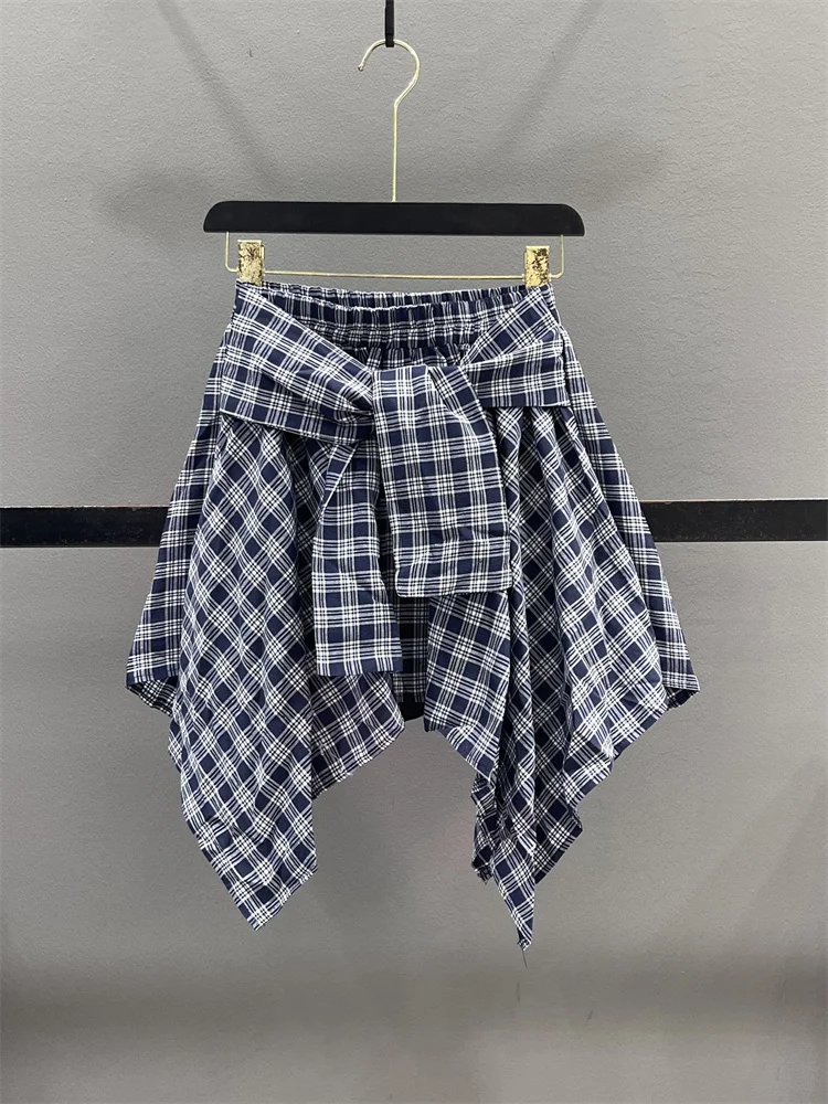 New Irregular Plaid Skirt Women's Lace Up All-match Elastic Waist A-line Short Skirt Casual Prevalent Ins Female Clothing