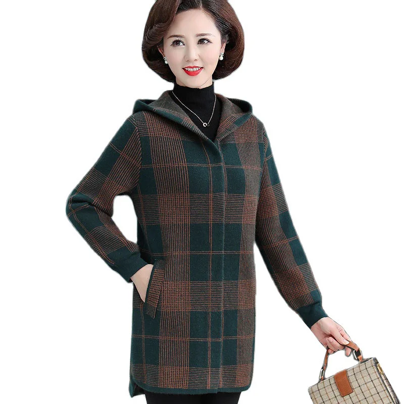 

Pop Autumn WinterMid-Length Hooded Wool Coat Women Mother's Loose Middle-Aged Elderly Thickened Knitted Cardigan Women's Jacket