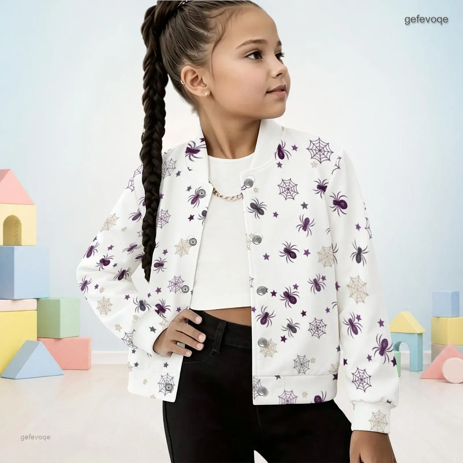Autumn Graphic Print Girls Button Up Jacket Manin Collar Spooky Kids Clothing Halloween Ocn