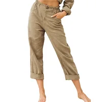 2026 Boho Linen Blend Cropped Pants for Women High Elastic Waist Button Fly Rolled Hem Trousers with Side Pockets - Image 3