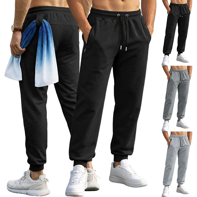 

Spring/Autumn High-Quality Men's Sport Pants with Drawstring Cuffs and Zippered Pockets - Solid Color Elasticated Casual Pants