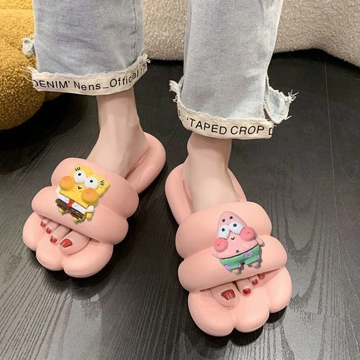 

SpongeBob SquarePants slippers for summer women, suitable for indoor showers and outdoor wear, cute anti slip couple slippers