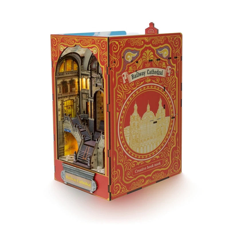 DIY Book Nook Shelf Insert Kits Wooden Miniature Building Kit Railway Cathedral Bookend Assembled Bookshelf Home Decoration Gift