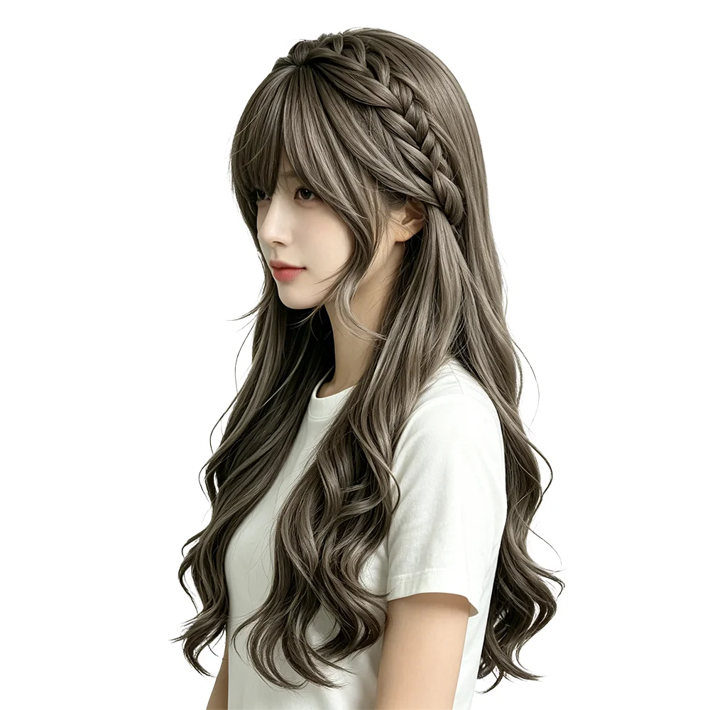 Sweet Cute Lolita Braided Long Wavy Wig Dark Ash Brown With Air Bangs Heat Resistant Synthetic Hair For Women Cosplay Party