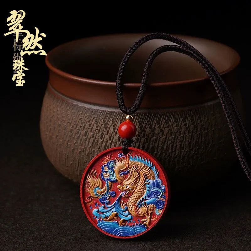 

High-Content Cinnabar Burning Blue Lion Necklace Palace Style Pendant Double-Sided Brand Painted Thangka Golden Dragon Br