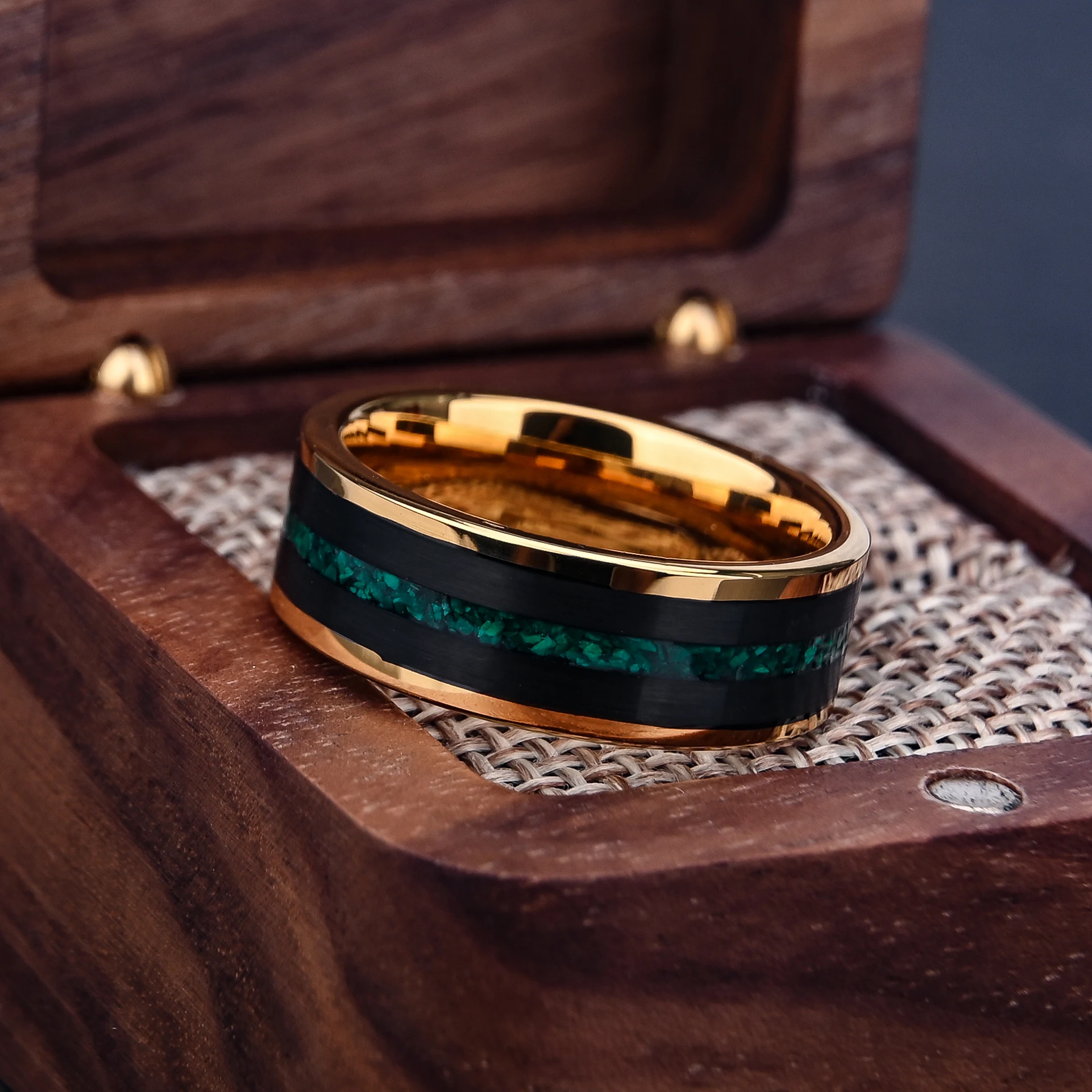New Arrival 8mm Tungsten Carbide Promise Ring Yellow Gold Plated Malachite Waterproof Jewelry My Rugged Tungsten Ring