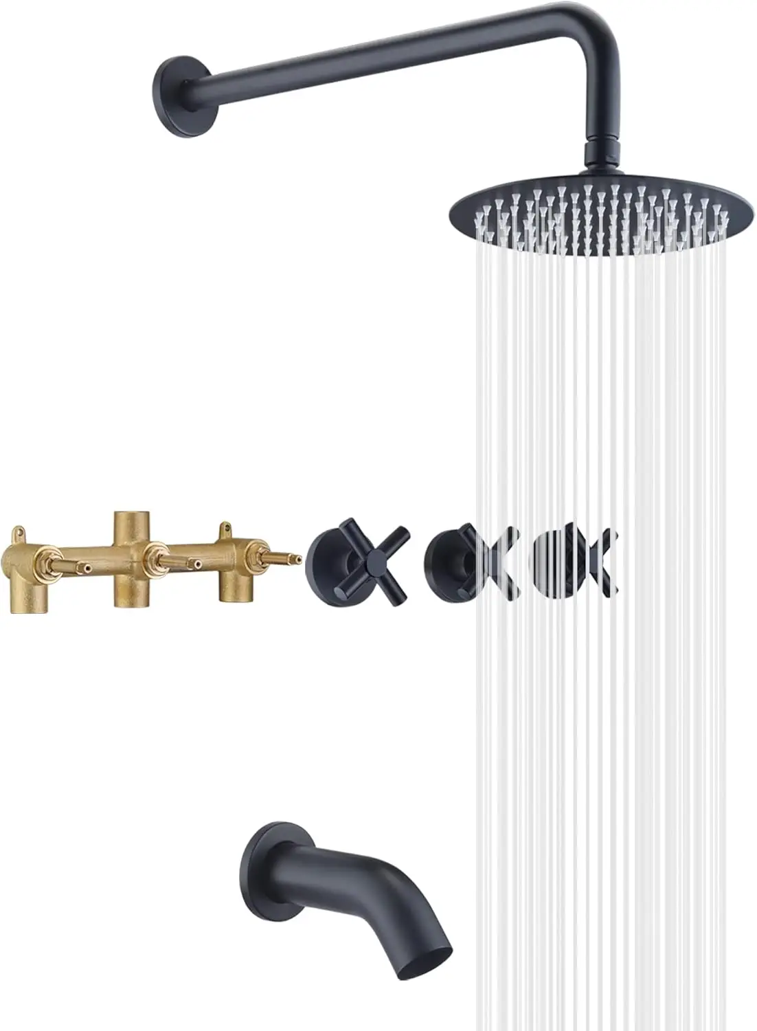 

3-Handle Tub Shower Faucet, Matte Black Waterfall Bathtub Faucet Set with Trim Kit