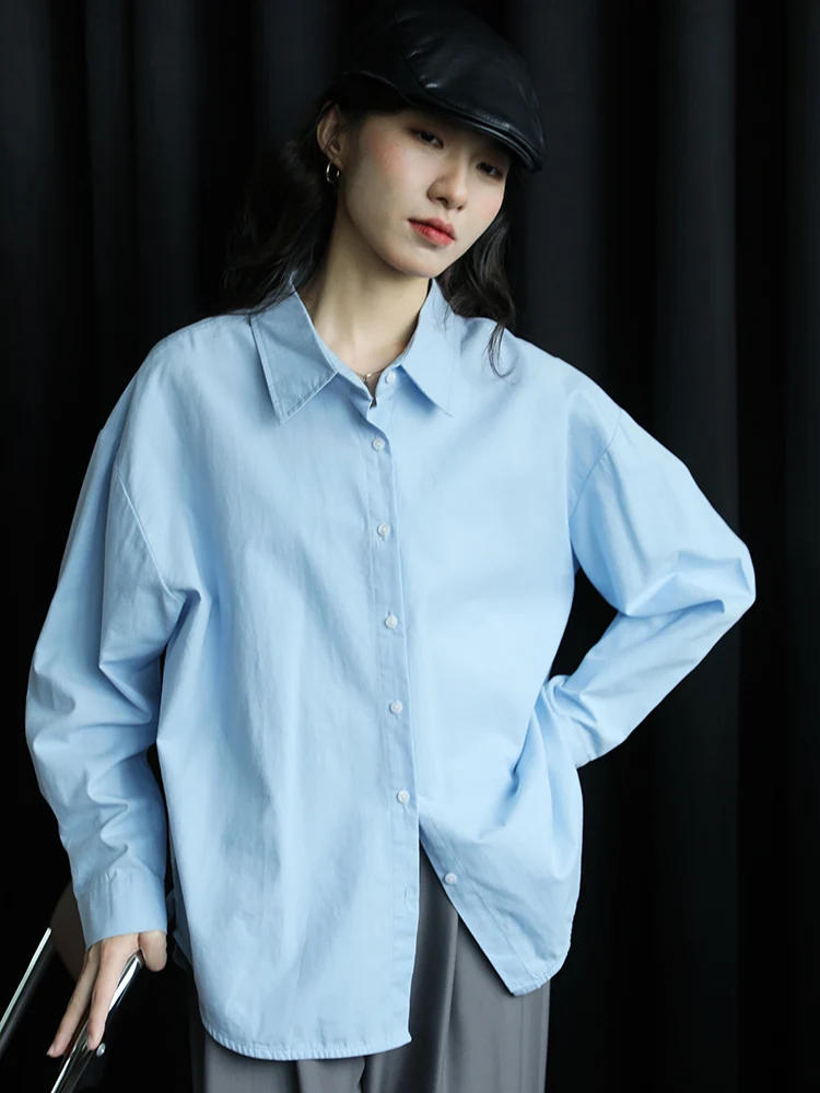 

Spring 2025 Loose Women's Long Sve irt Light Blue Vintage Hong Kong Sle mat Color Commute Faion