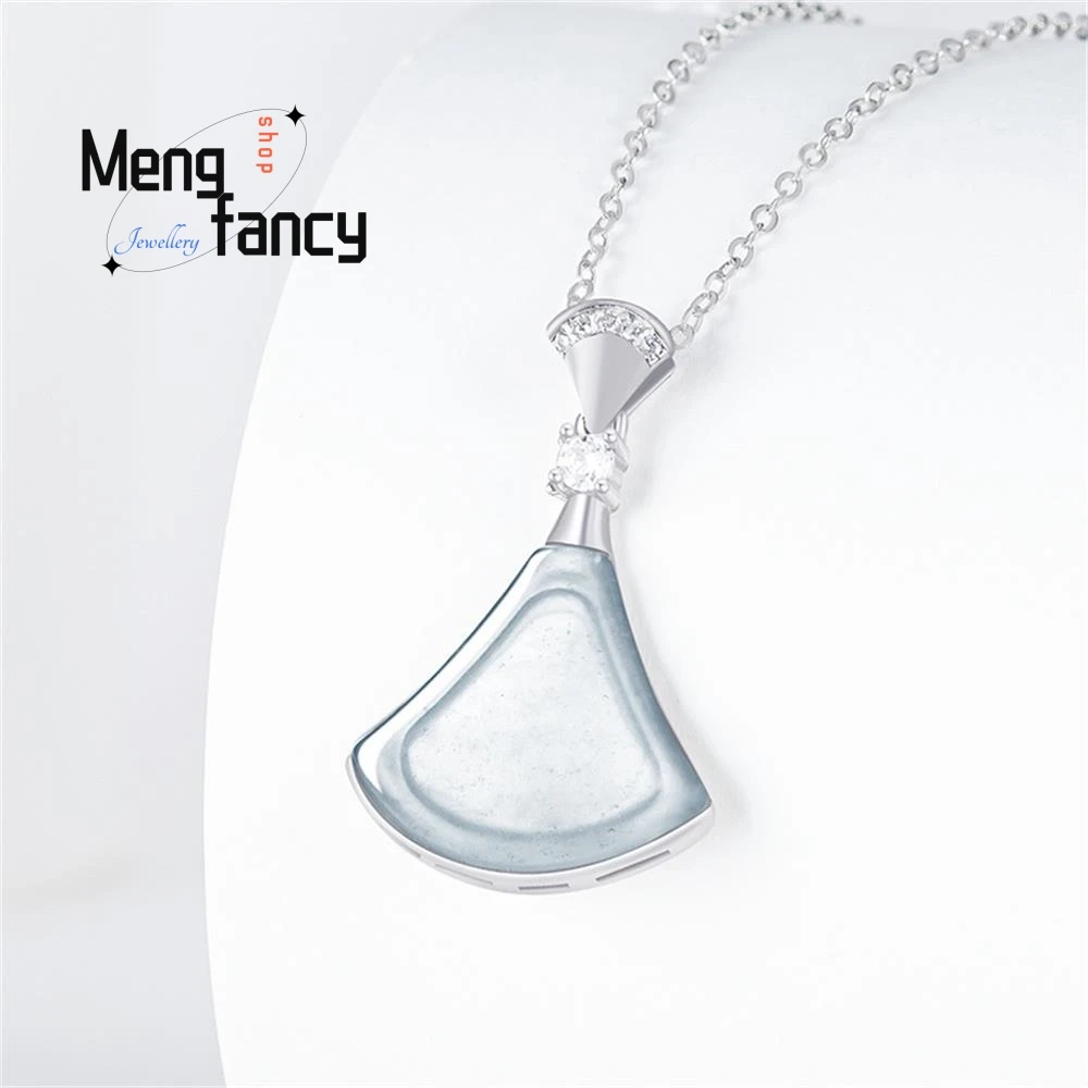 S925 Silver With Natural A-goods Jadeite Blue Water Small Skirt Ice Jade Pendant Exquisite High-grade Luxury Fashion Jewelry